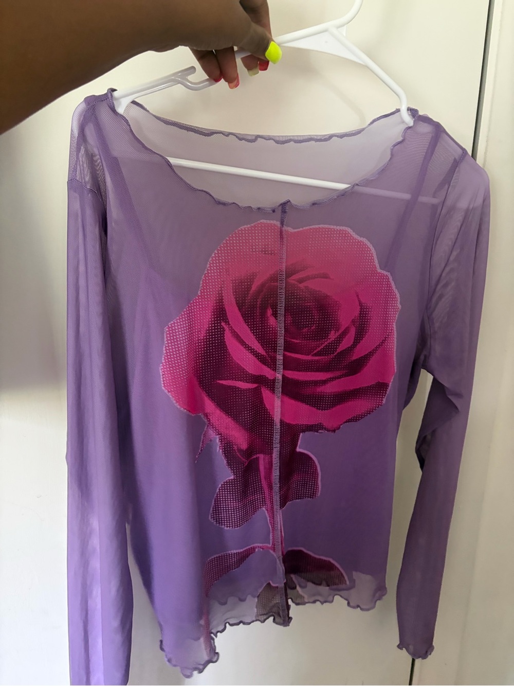 Sheer Lavender Mesh Top with Pink Rose Print